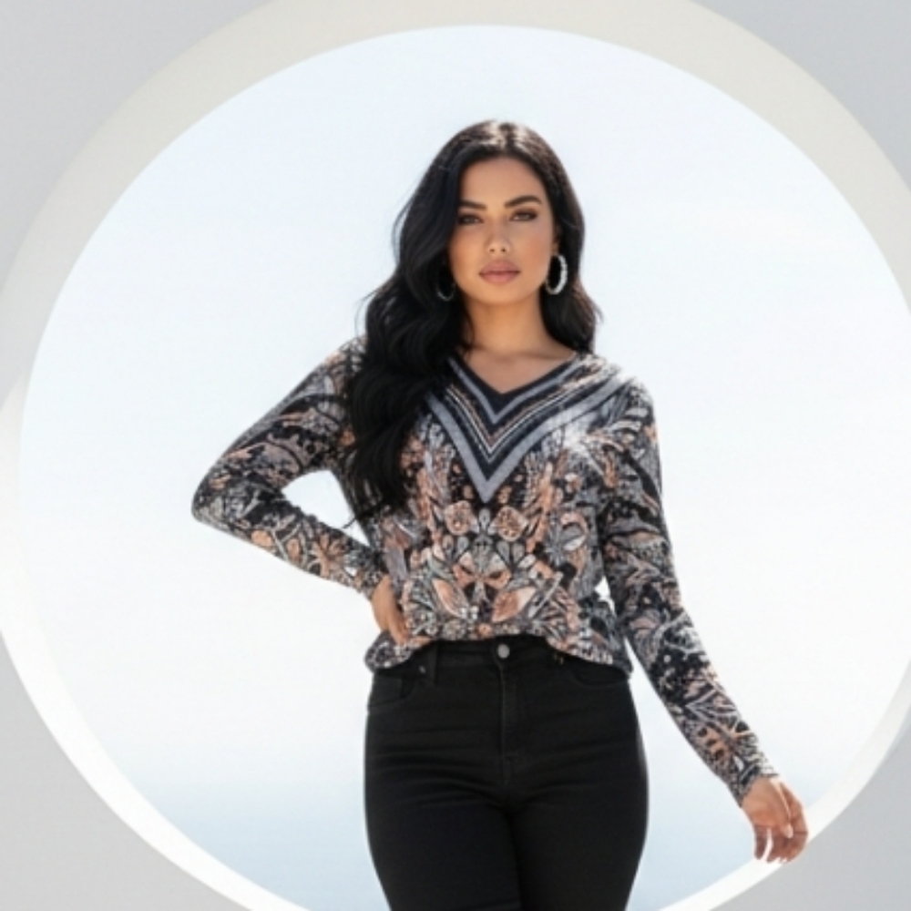 Bob Mackie Black and Gray Graphic Long Sleeve Blouse Wearable Art Size Large